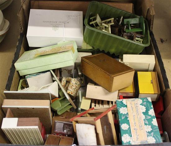 Quantity mid-20C dolls house furniture & accessories (playworn) & a boxed Capac Bin-Aural Stethoscope